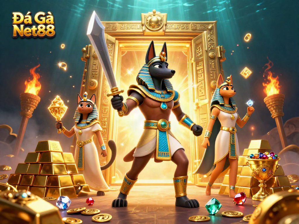 Experience the thrill of Đá Gà Net88 with fierce warriors and treasure in a vibrant 3D scene.