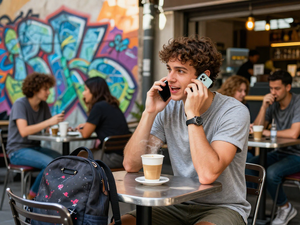 A young adult engaging in ai dirty chat on a smartphone at an outdoor café with graffiti art background.